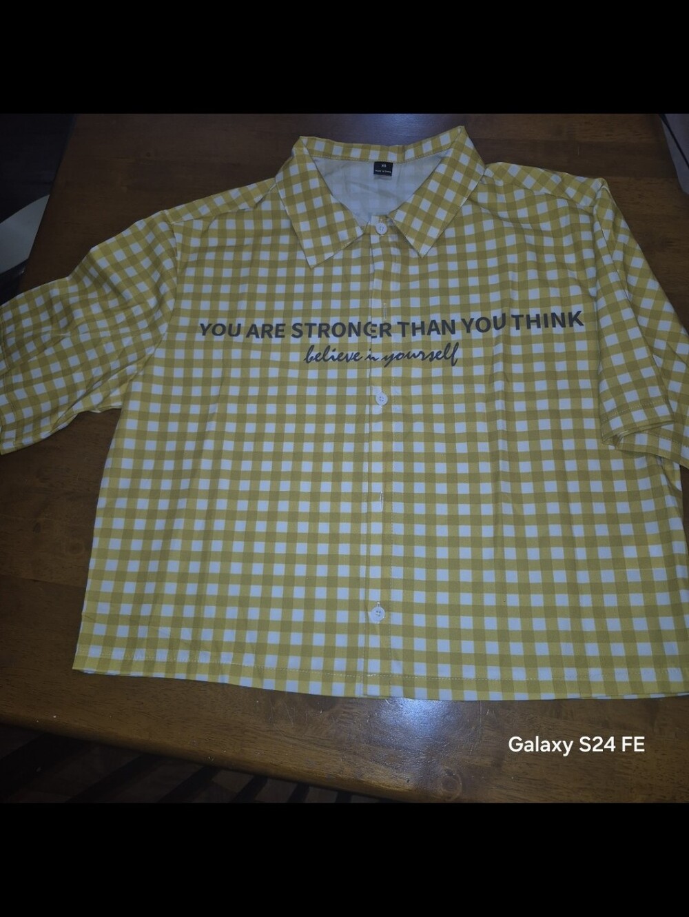 Yellow Gingham Button-Up Shirt with Motivational Print